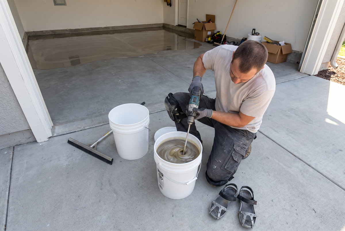 Contractor mixing and applying epoxy floor coating in a garage