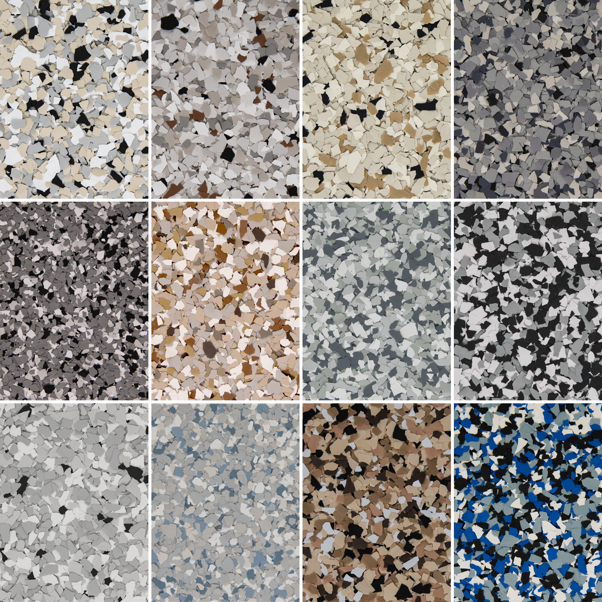 12 decorative chip flake blends available